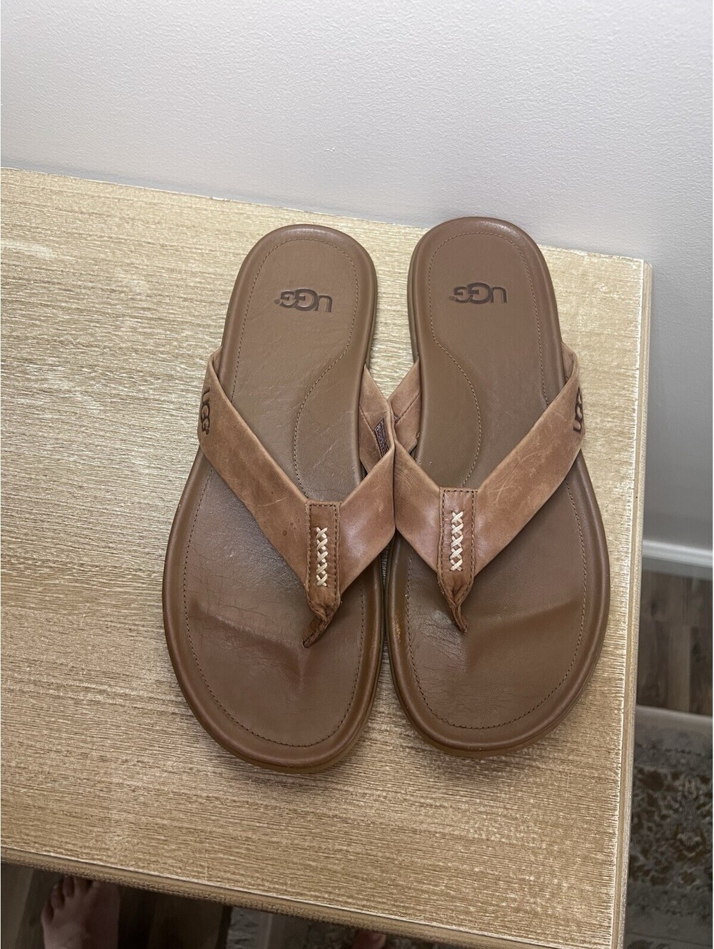 UGG Men’s Tan Leather Flip Flops Size 12